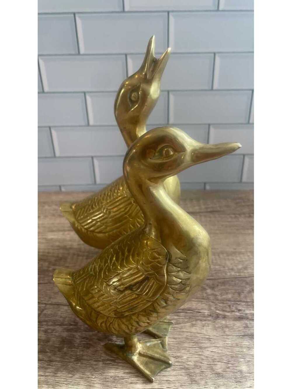 2 Large Vintage Solid Brass Duck Figurines Statues with Patina 7 1/2” & 9”